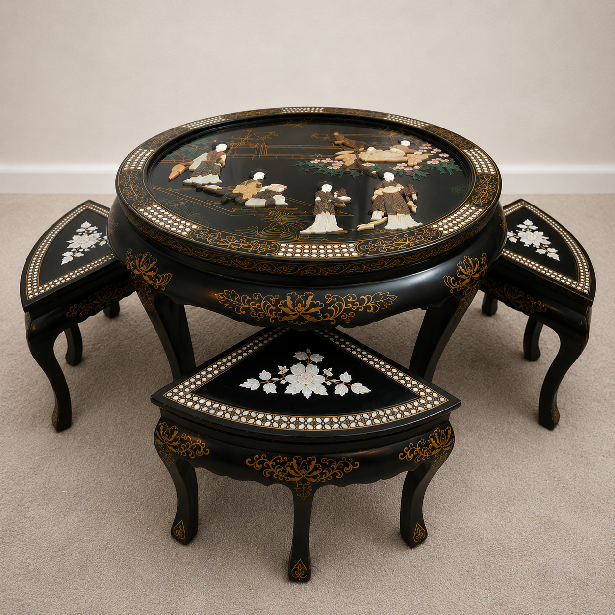 Black Lacquer Tea Table Set with Mother-of-Pearl Inlay