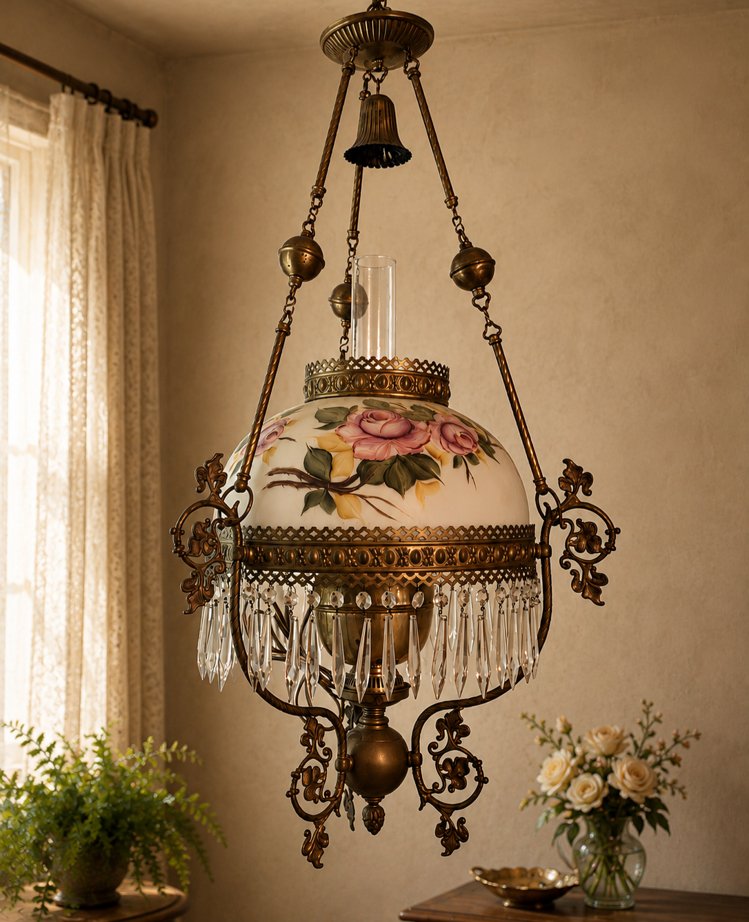 Antique Hanging Fixture, Kerosene Lamp - NE Portland Estate Sale