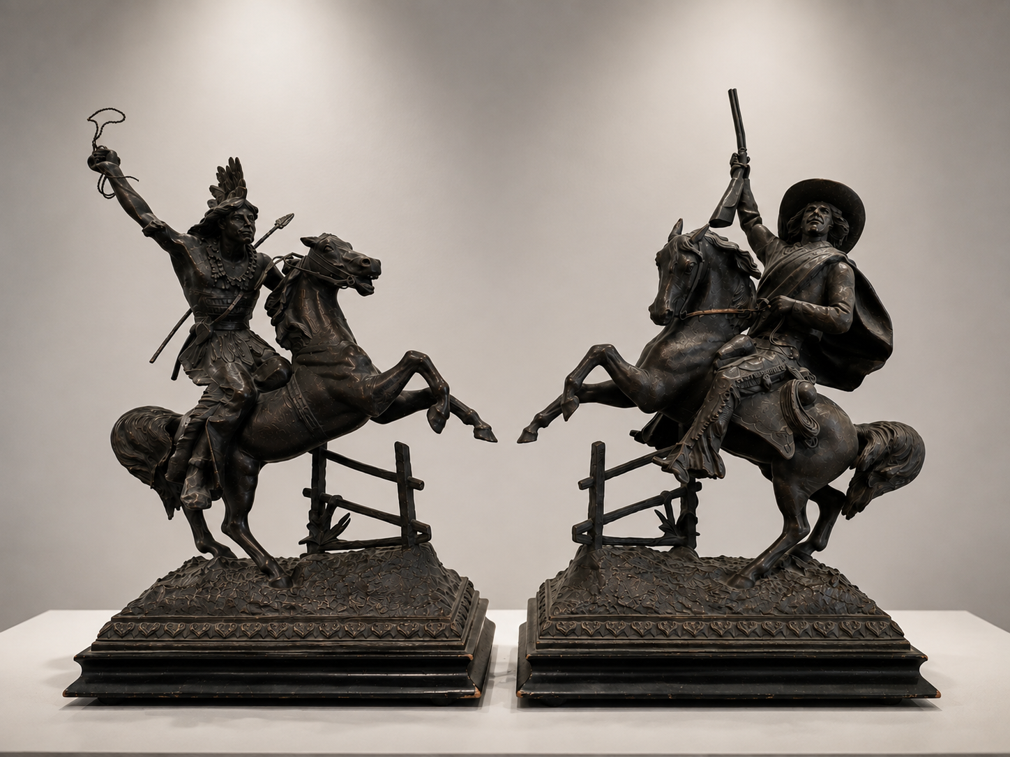 Pair Bronzed Spelter Sculptures, Pioneer and Native American - NE Portland Estate Sale