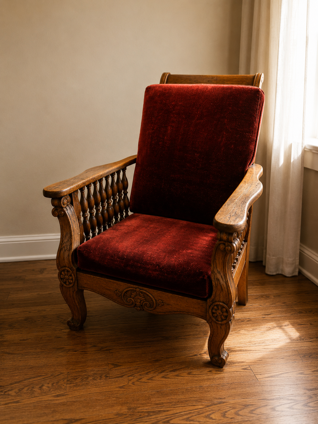 Antique Oak & Velvet Morris Chair - South Burlingame Estate Sale