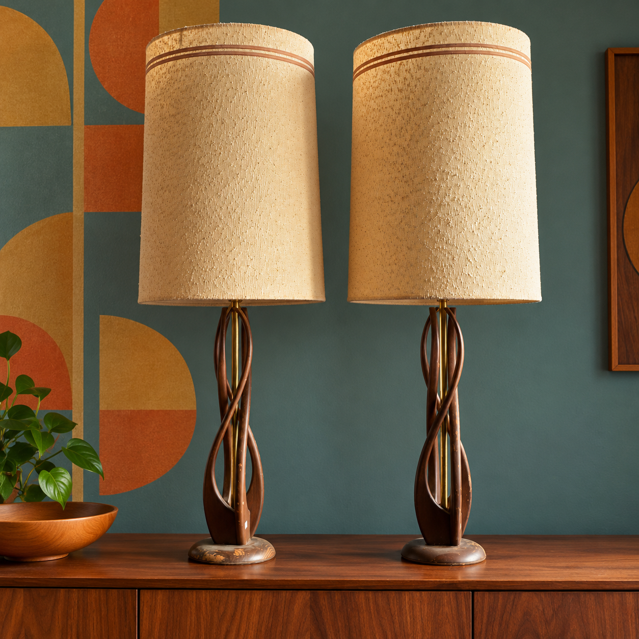 Pair Mid-Century Wooden Lamps - The Good Mod Liquidation Estate Sale