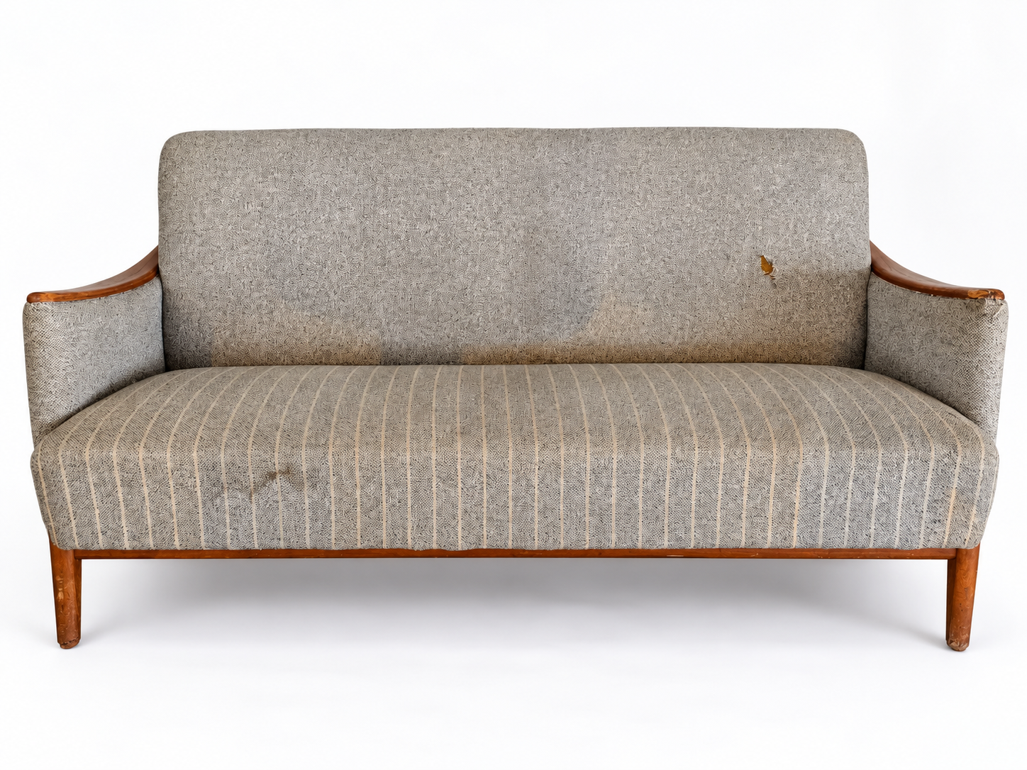 Danish Modern Grey Pinstriped Sofa, AS-IS - The Good Mod Liquidation Estate Sale