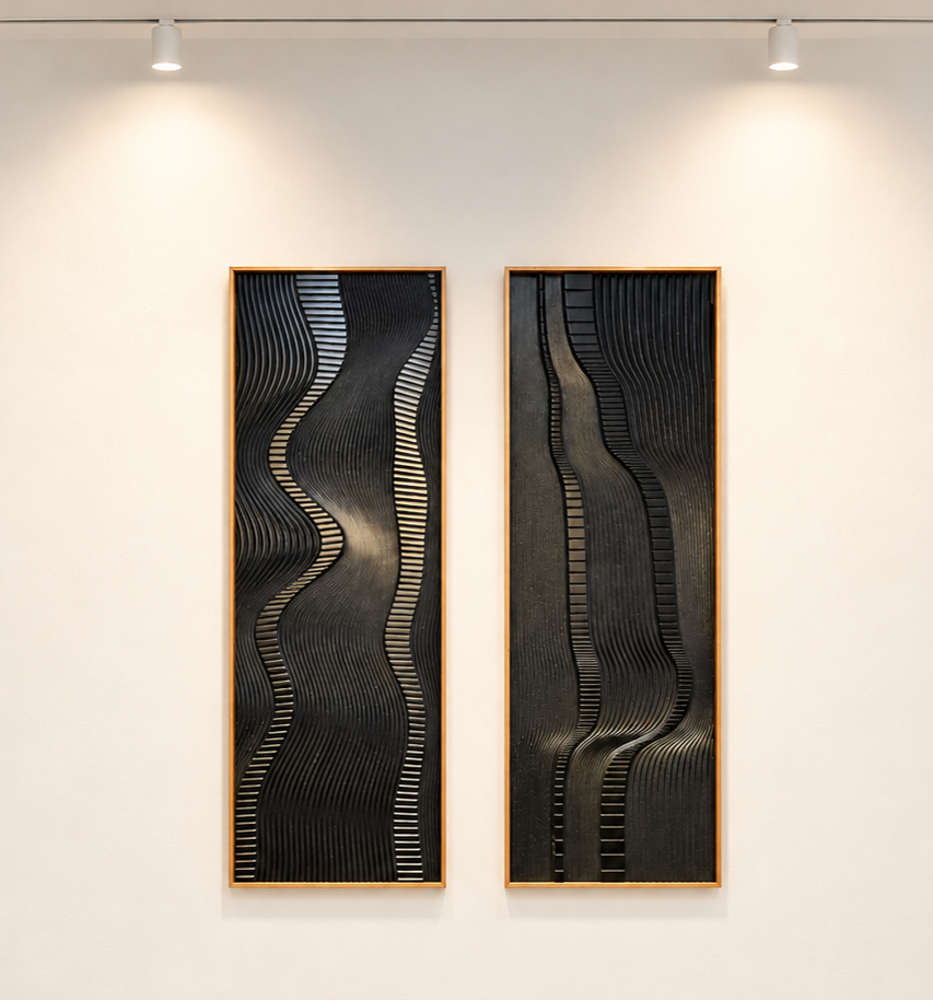 Pair Carved Black Wood Panels by Spencer Staley - The Good Mod Liquidation Estate Sale