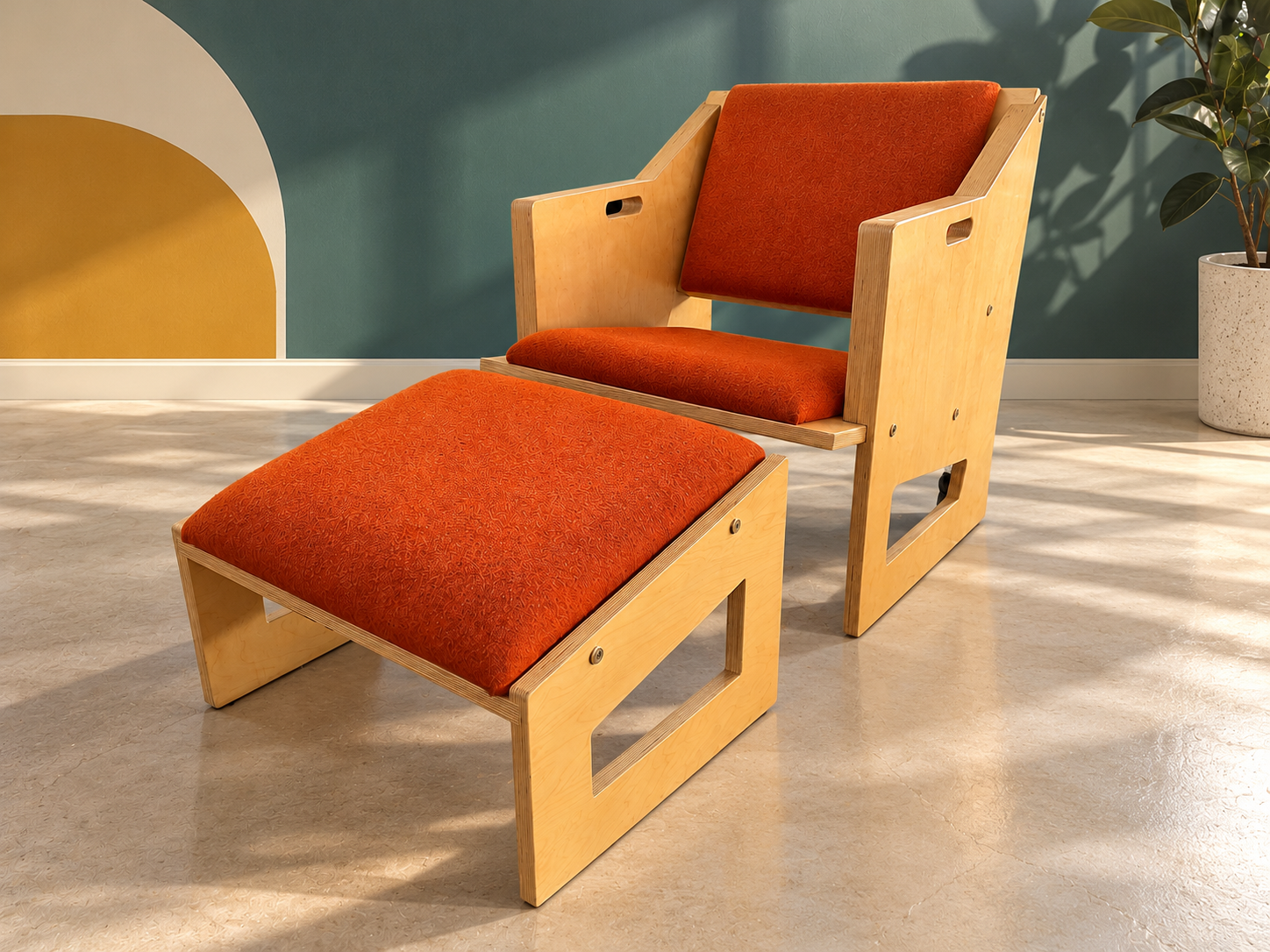 Plywood Lounge Chair & Ottoman, burnt orange wool - The Good Mod Liquidation Estate Sale