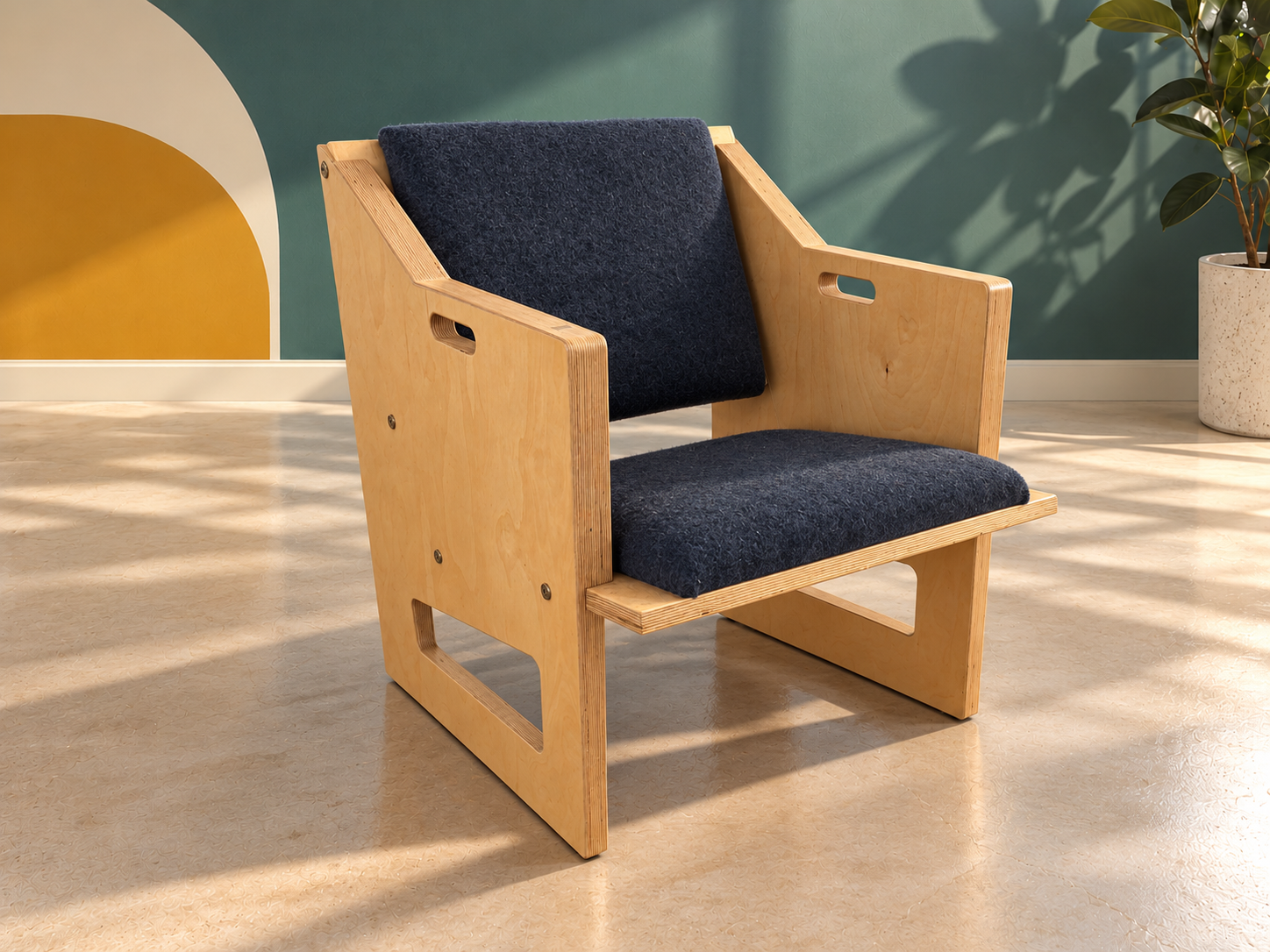 Plywood Lounge Chair, blue wool - The Good Mod Liquidation Estate Sale